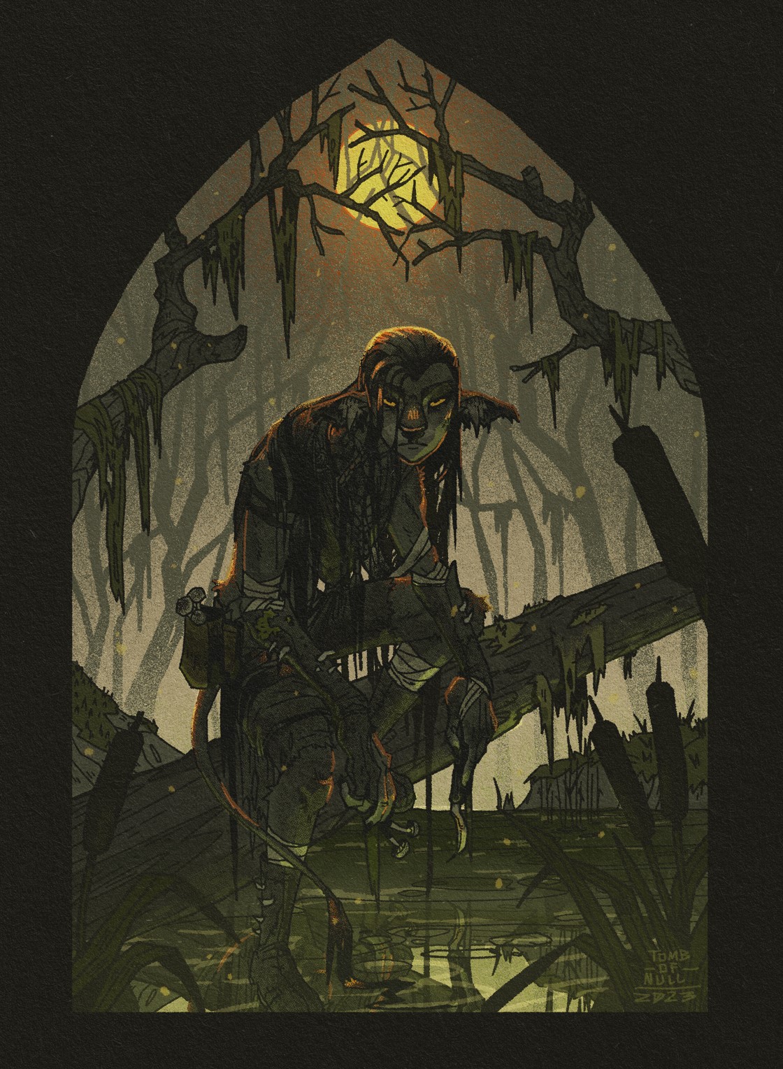 An illustration of a lanky firbolg character crouched by a fallen log in a swamp, peering at something over the viewers head with a mysterious expression. In their hands is a small harvesting knife and some mushrooms. Over their head gleams a hazy sun through dead, moss draped branches.